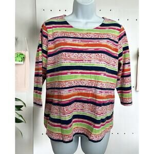 Appleseed's Floral Striped Top Sz Petites M PM 3/4 Sleeve Cotton Blend Blouse